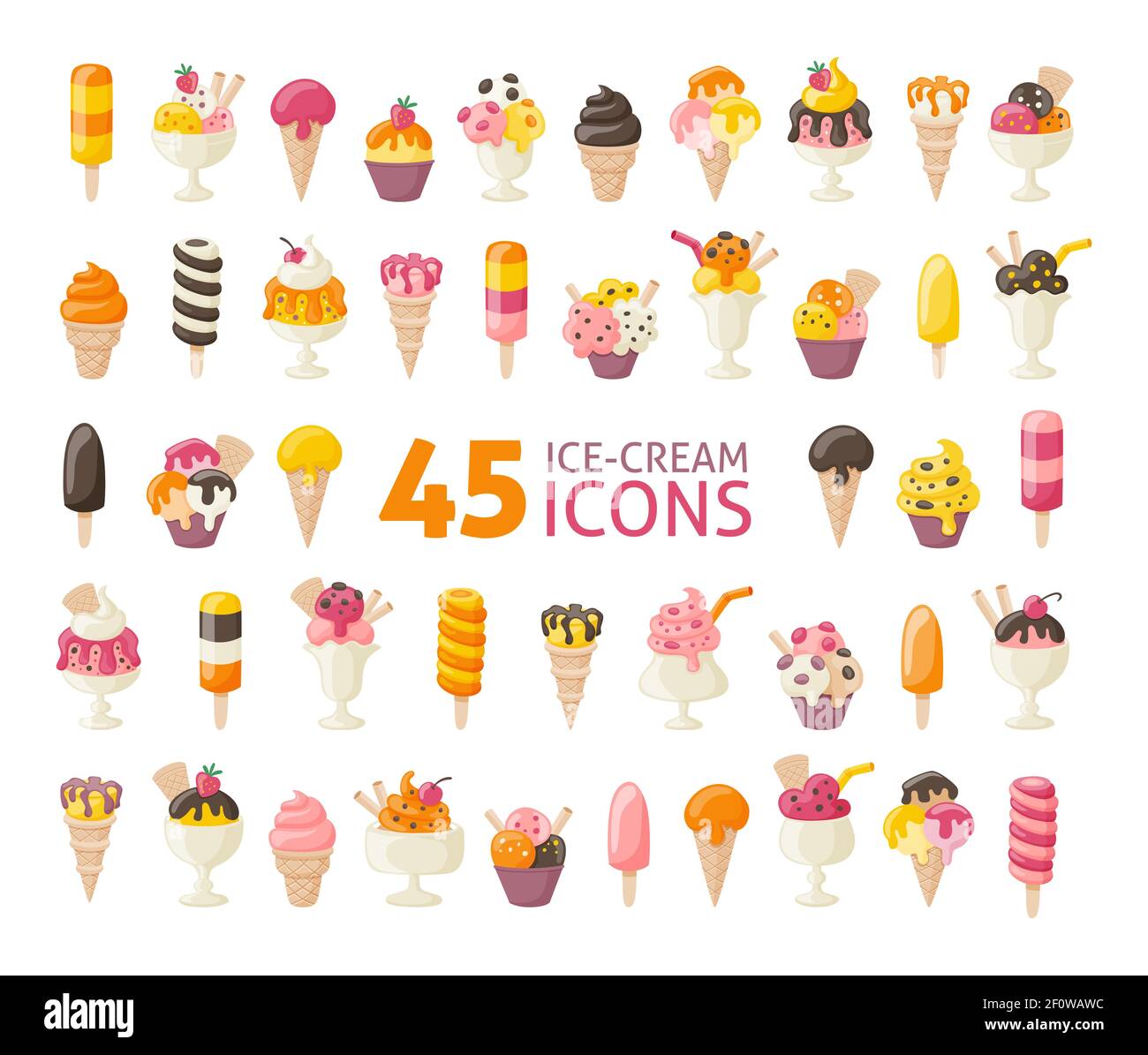 Collection of 45 yummy ice cream icons isolated on white. Vector illustration. Stock Vector