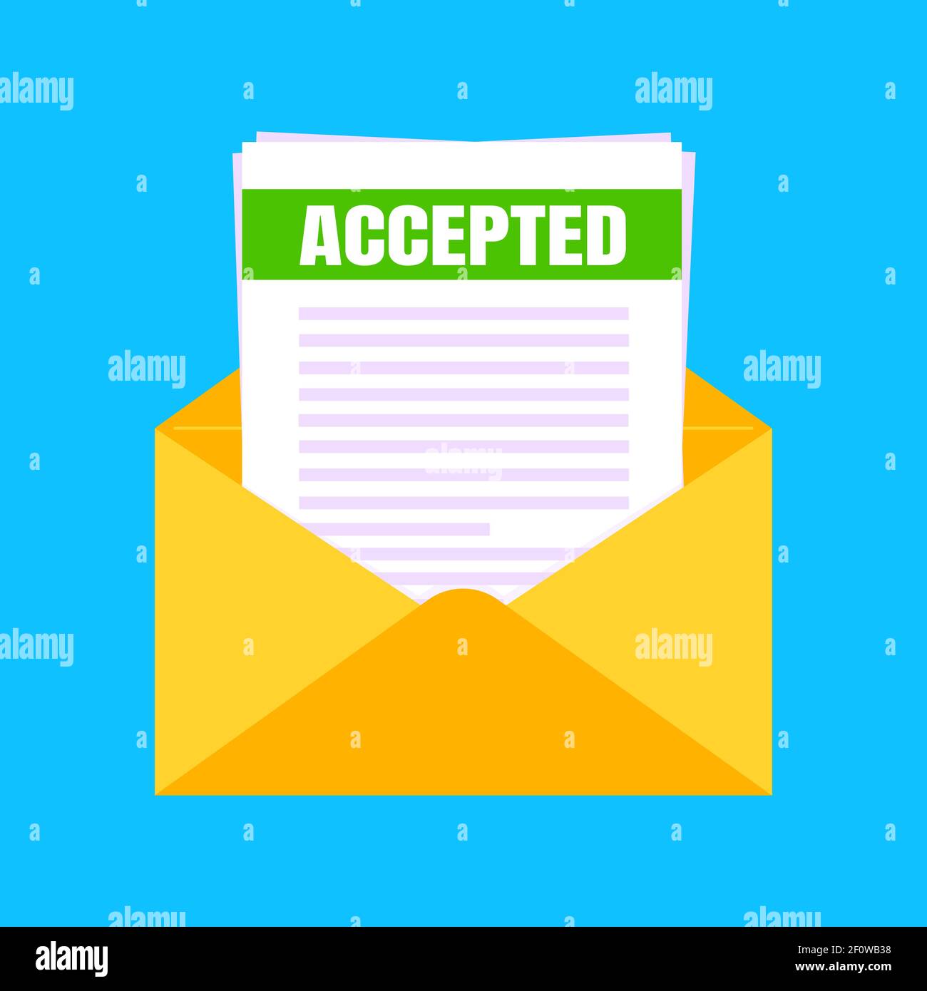 College or university acceptance letter with envelope and paper sheets document email. Job employment offer, college acceptance success or business em Stock Vector
