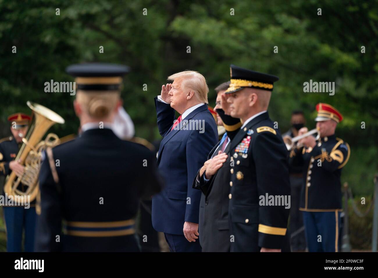 President Donald Trump Vice President Mike Pence Secretary of Defense Mark Esper and U.S. Army Gen. Omar Jones participate in the Memorial Day wreath-laying ceremony at the Tomb of the Unknown Soldier at Arlington National Cemetery Monday May 25 2020 in Arlington Va. Stock Photo