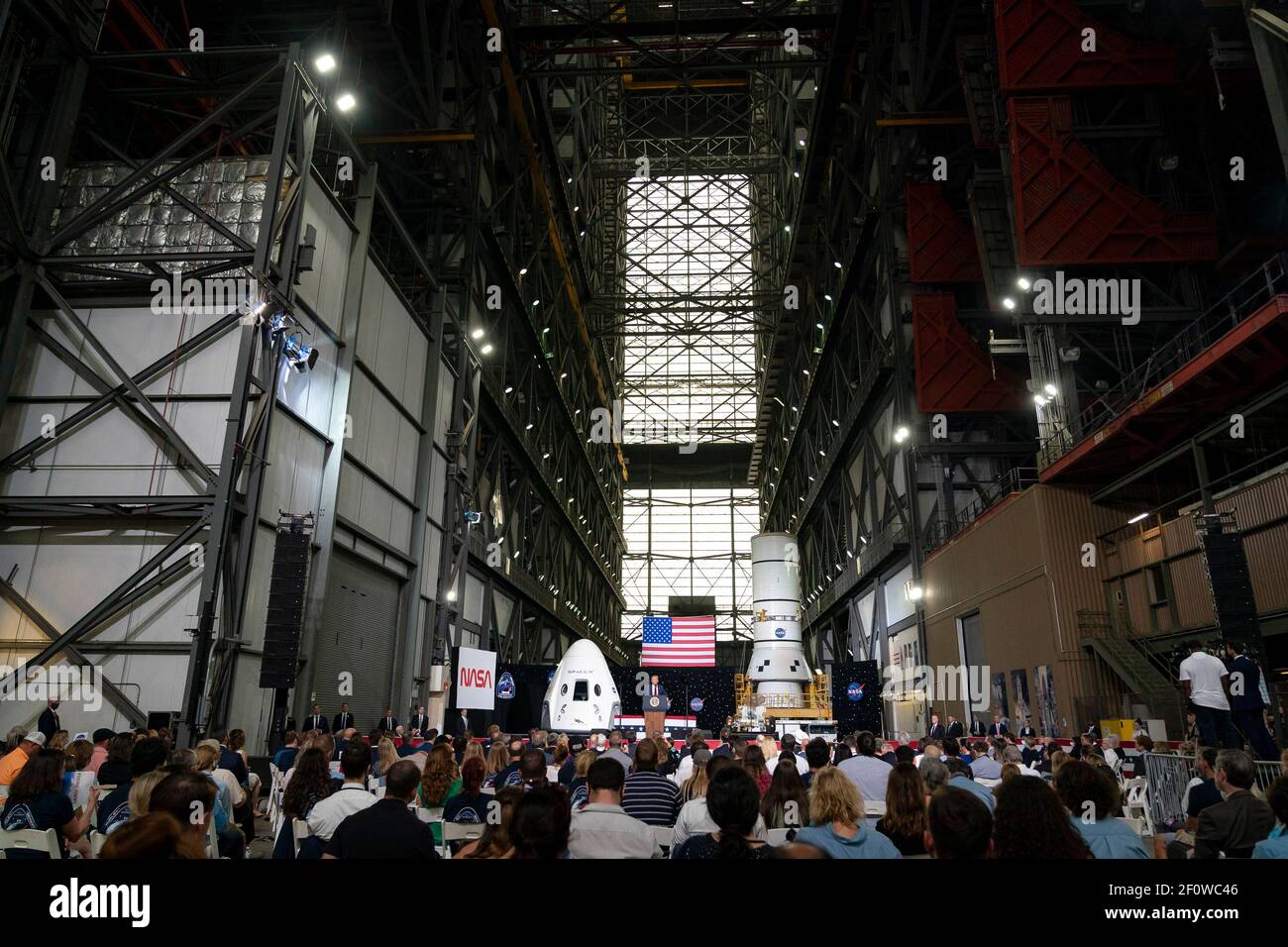 President Donald Trump delivers remarks after the successful SpaceX Demonstration Mission 2 launch Saturday May 30 2020 at the Kennedy Space Center Vehicle Assembly Building in Cape Canaveral Fla. Stock Photo
