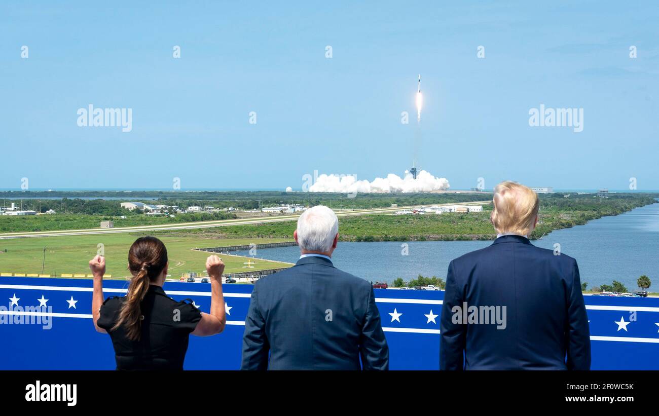 President Donald Trump Vice President Mike Pence and Second Lady Karen Pence watch the SpaceX Demonstration Mission 2 launch Saturday May 30 2020 at the Kennedy Space Center Operational Support Building in Cape Canaveral Fla. Stock Photo