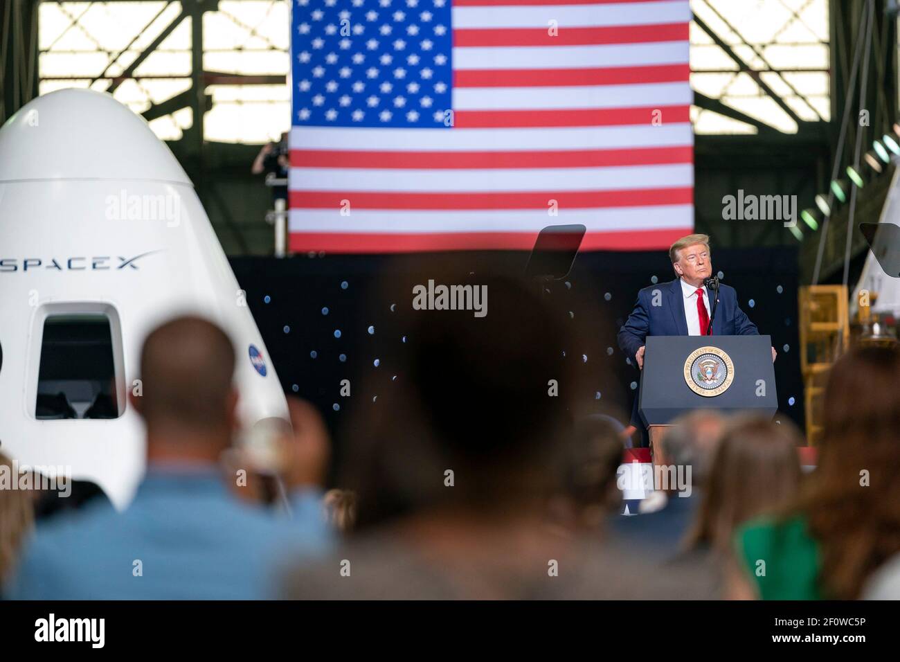 President Donald Trump delivers remarks after the successful SpaceX Demonstration Mission 2 launch Saturday May 30 2020 at the Kennedy Space Center Vehicle Assembly Building in Cape Canaveral Fla. Stock Photo