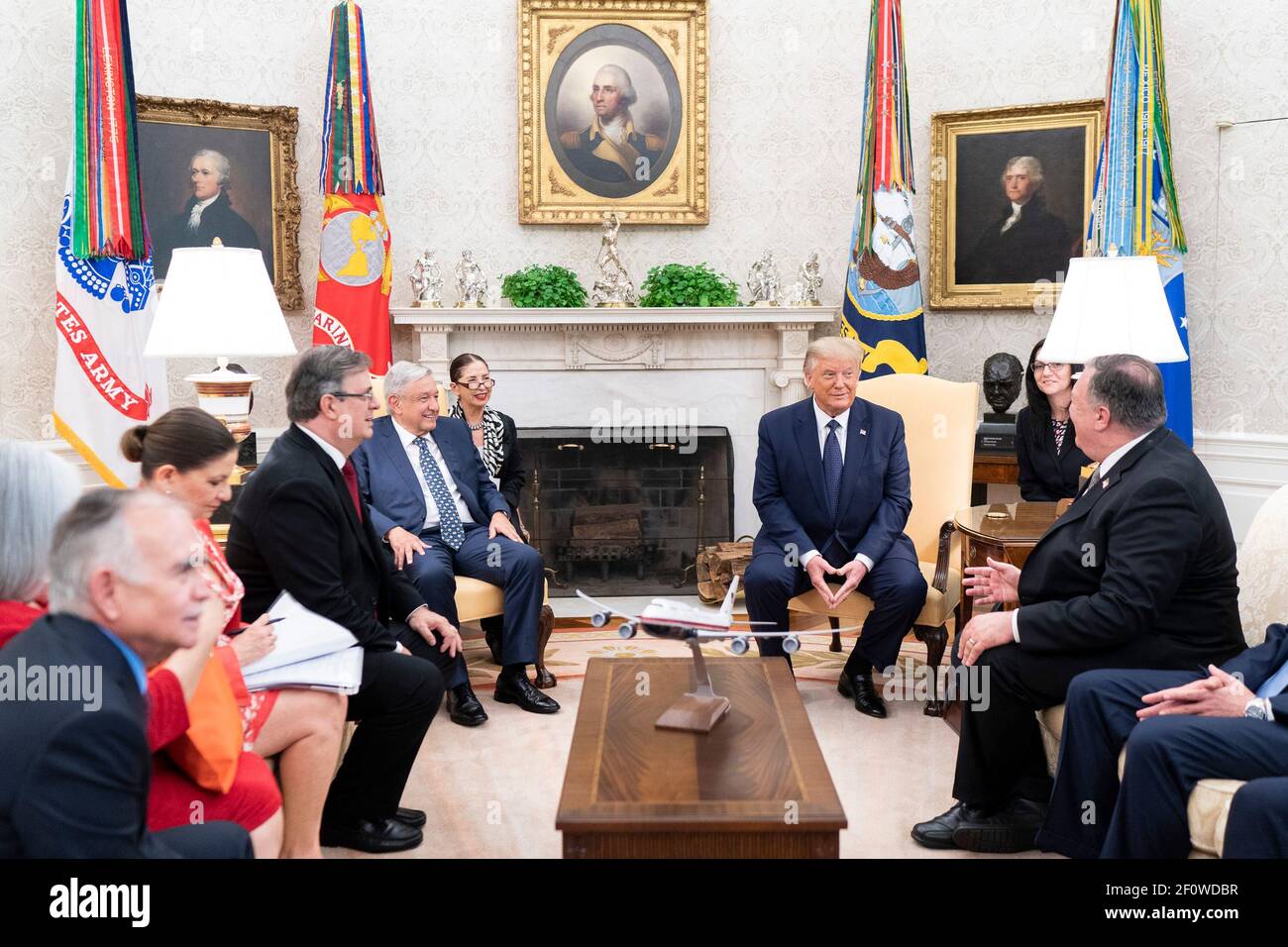 President Donald Trump joined by Secretary of State Mike Pompeo welcomes the President of the United Mexican States Andres Manuel Lopez Obrador and members of his delegation Wednesday July 8 2020 to the Oval Office of the White House. Stock Photo
