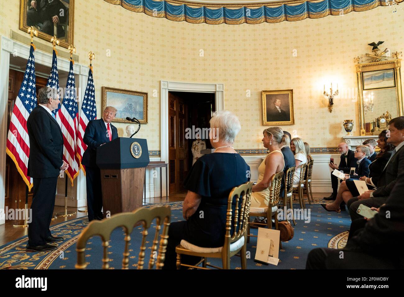 President Donald Trump addresses his remarks at the presentation of the Presidential Medal of Freedom to legendary American runner and former U.S. Representative Jim Ryun Friday July 24 2020 in the Blue Room of the White House. Stock Photo