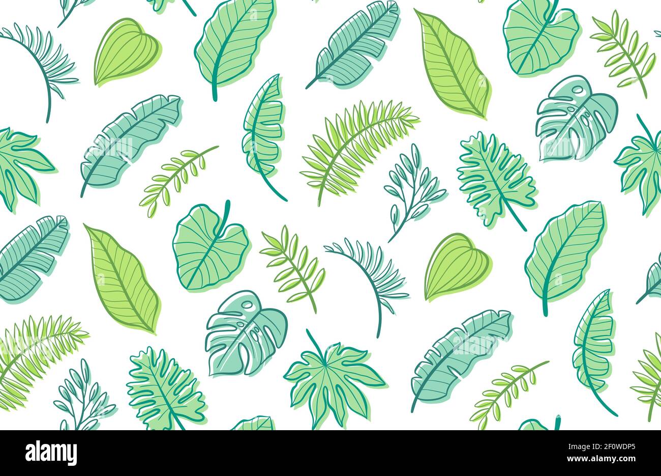 Hand drawn tropical seamless pattern with green leaves. Vector illustration. Stock Vector