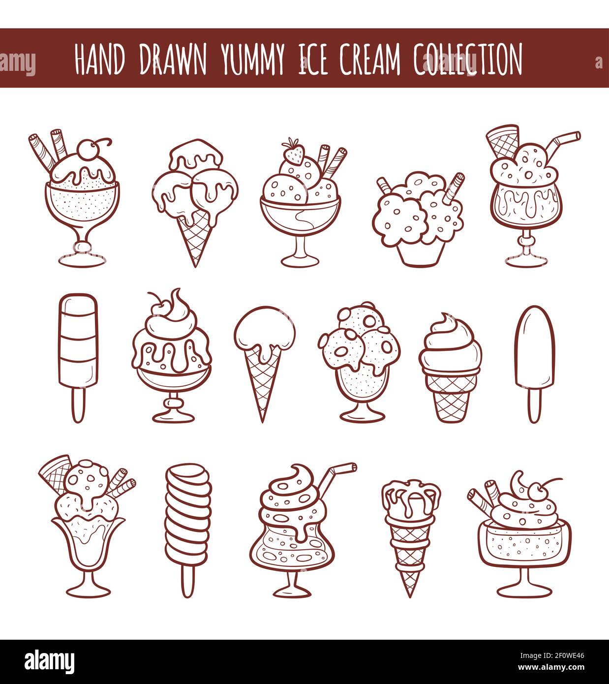 Set of 16 hand drawn vector ice cream illustrations isolated on white. Cones and ice creams made in doodle style. Stock Vector