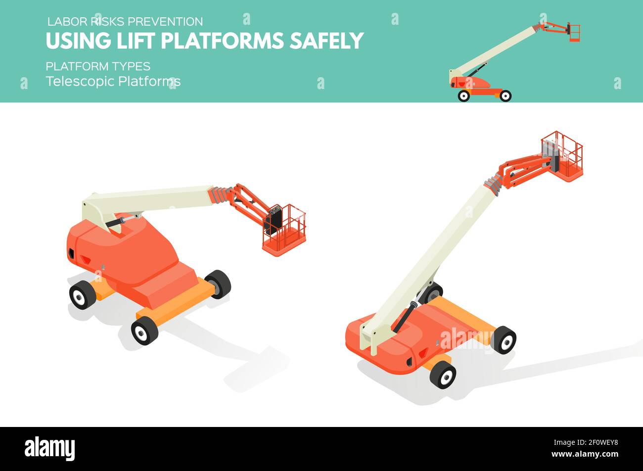 Isometric white isolated lift platforms labor risk prevention information about platform types on telescopic platform Stock Vector