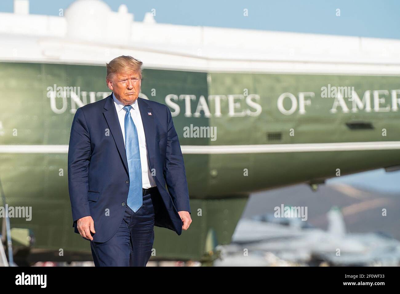 President Donald Trump disembarks Marine One at Marine Corps Air Station Miramar in San Diego Wednesday Sept. 18 2019 and boards Air Force One en route to Joint Base Andrews Md. Stock Photo