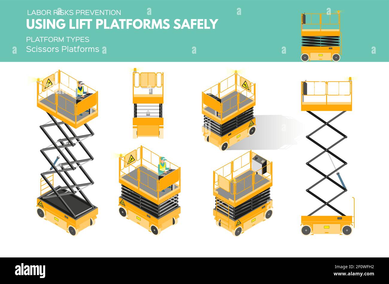 Isometric white isolated lift platforms labor risk prevention information about platform types on scissors platform Stock Vector