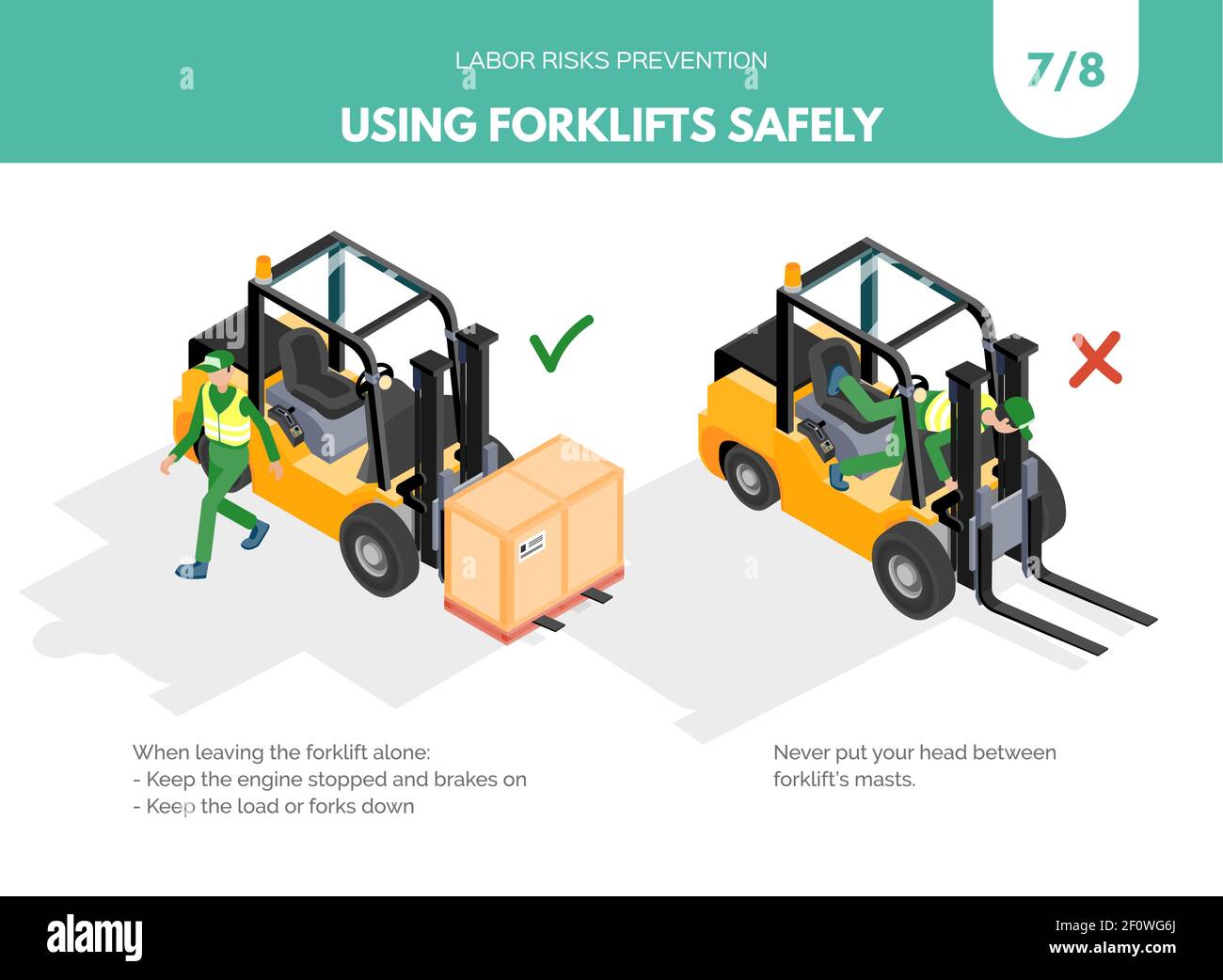 Recomendatios about using forklifts safely. Labor risks prevention concept. Isometric design isolated on white background. Vector illustration. Set 7 Stock Vector