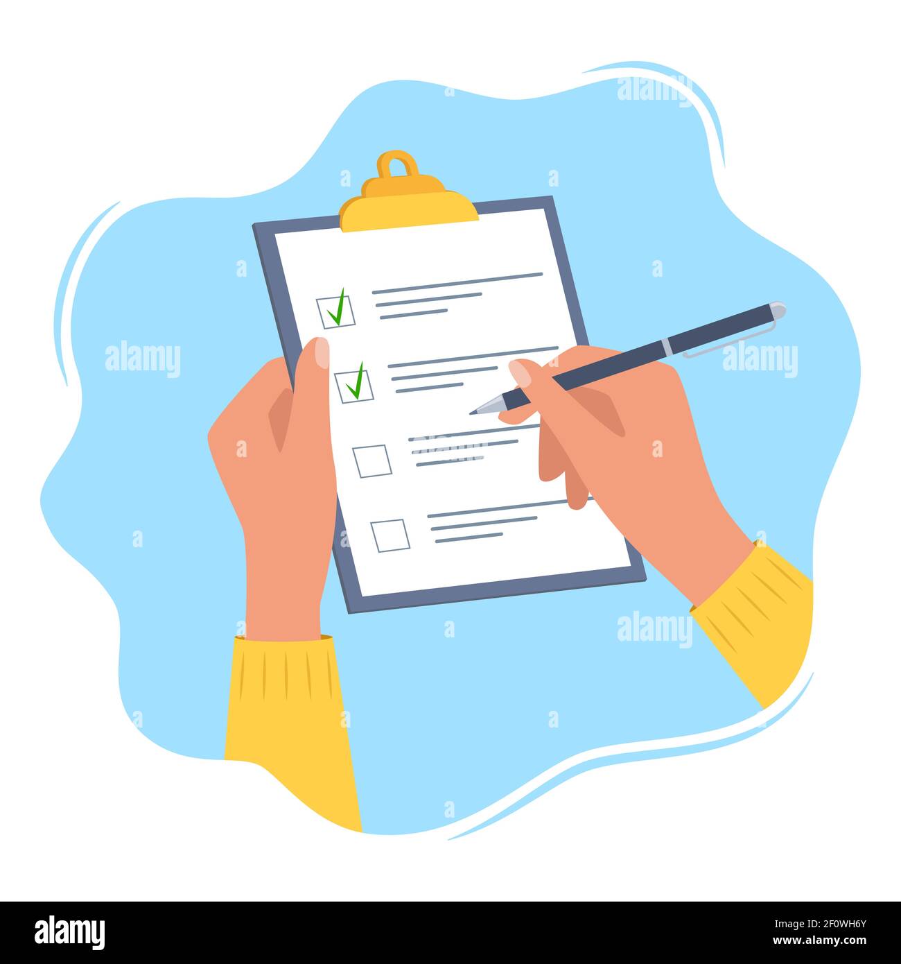 Hands holding clipboard with checklist with green check marks and pen. Human filling control list on notepad. Concept of Survey, quiz, to-do list or a Stock Vector