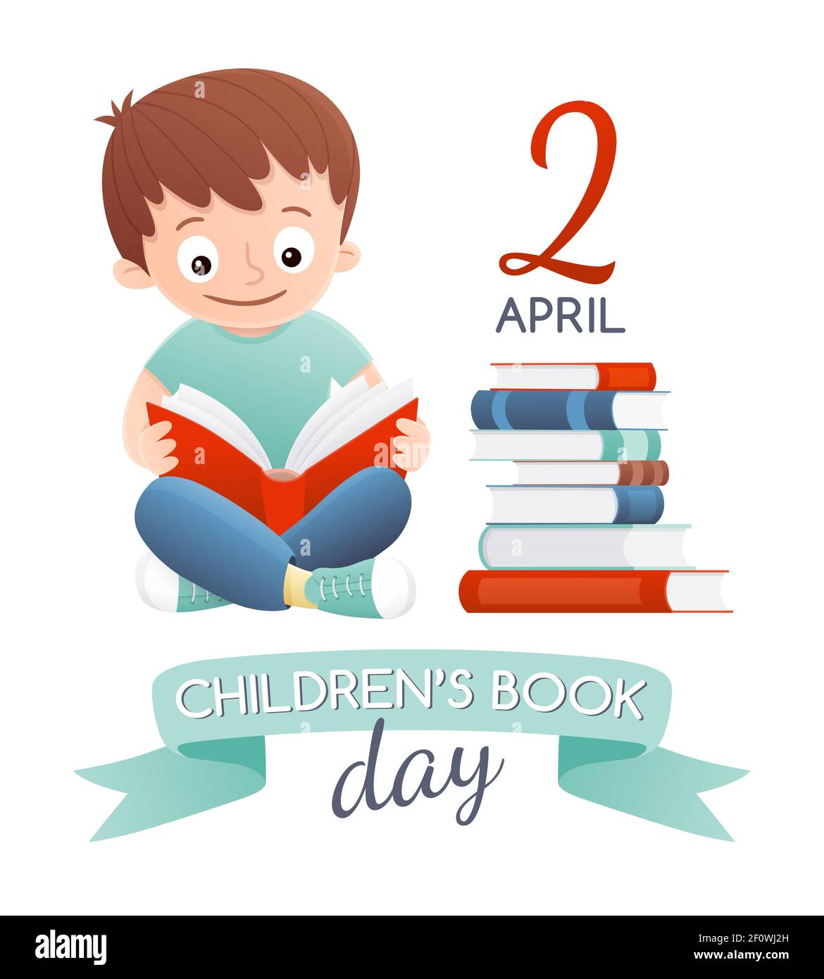 International Children's book day poster. A boy reading next to a pile of books. Vector illustration. Stock Vector