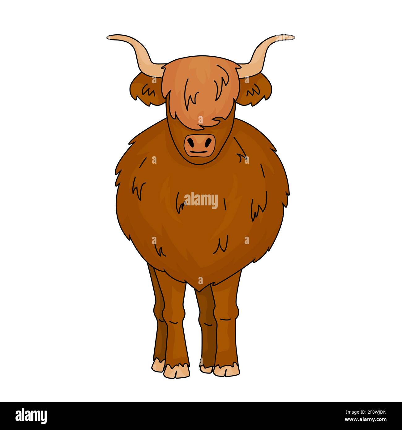 Cartoon vector outline doodle illustration of big Bull Scottish highland cow mother. Isolated Animal stands on the ground on white background. Front v Stock Vector