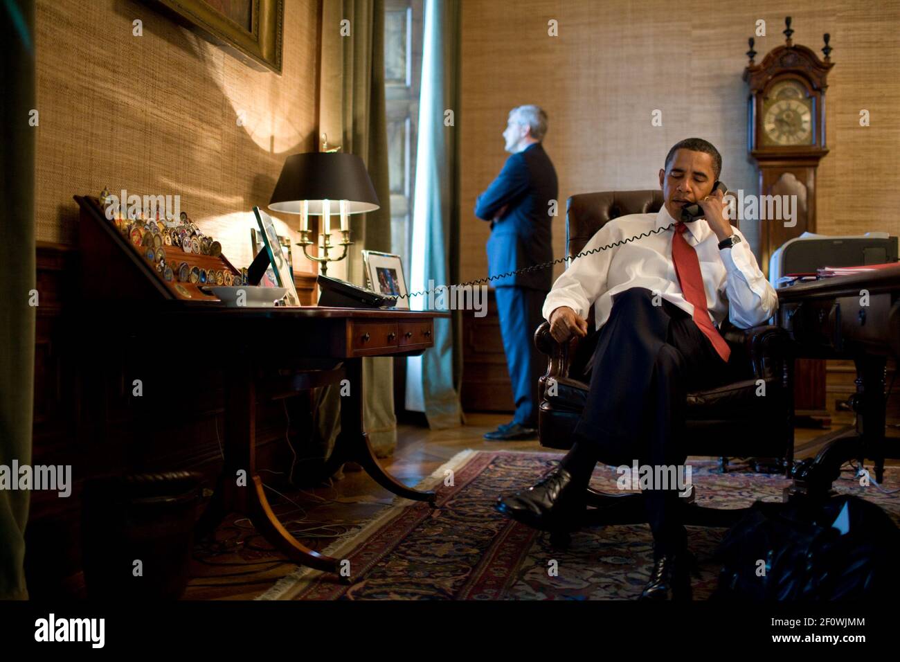 This is a rare look inside the President's Treaty Room office in the private residence of the White House where is making a telephone call  ca. 9/17/2009 Stock Photo