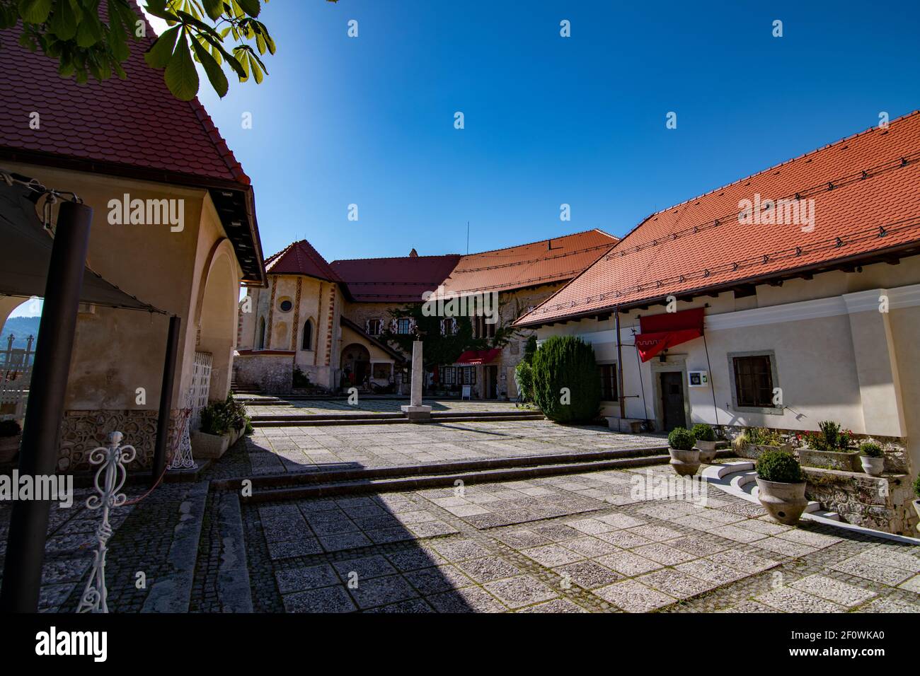 Abandoned Bled castle courtyard during covid tourism crysis, Slovenia Stock Photo