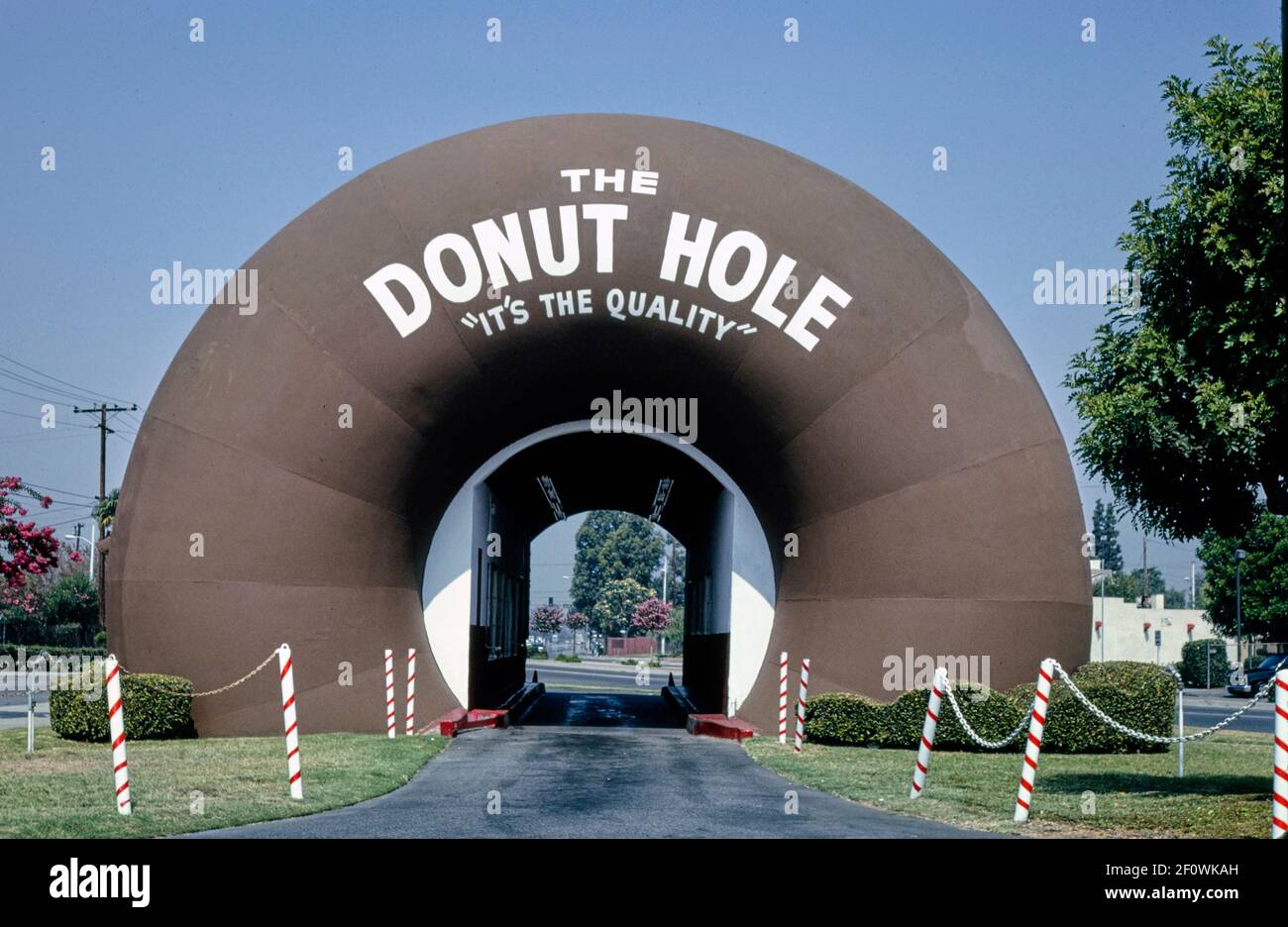 The Donut Hole straight-on view no cars Amar Road La Puente California ca. 1991 Stock Photo