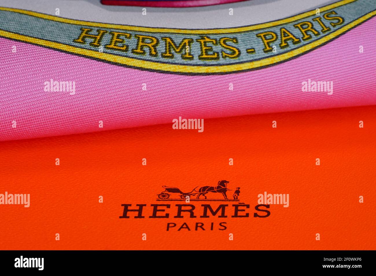 PARIS, FRANCE -27 FEB 2021- View of the Hermes logo name on a