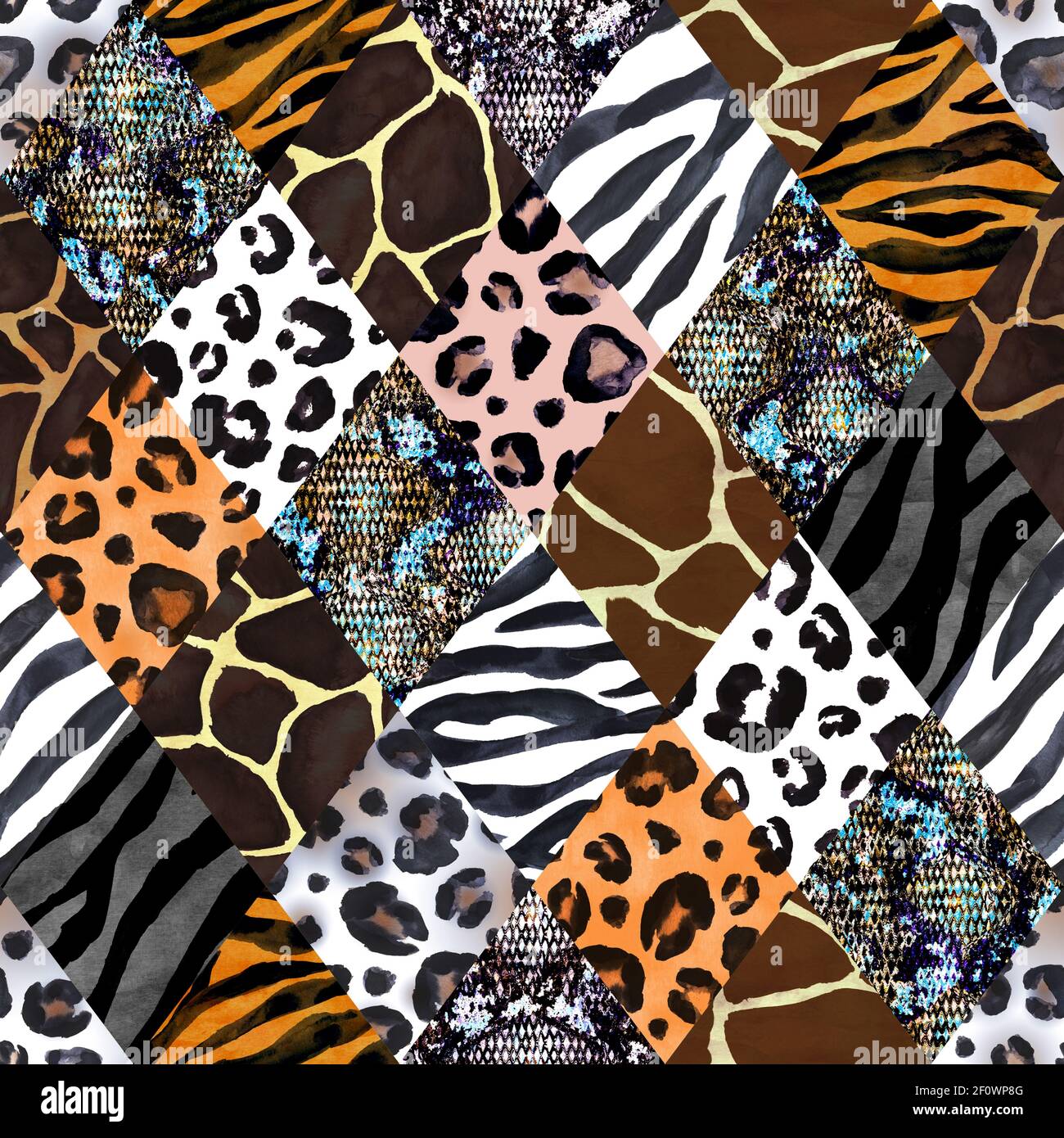 Trendy imitation sewn pieces of fabric in patchwork style. Watercolour hand drawn modern collage seamless pattern. Safary texture with animals print o Stock Photo - Alamy Trendy imitation sewn pieces of fabric in patchwork style. Watercolour hand drawn modern collage seamless pattern. Safary texture with animals print o Stock Photo - Alamy