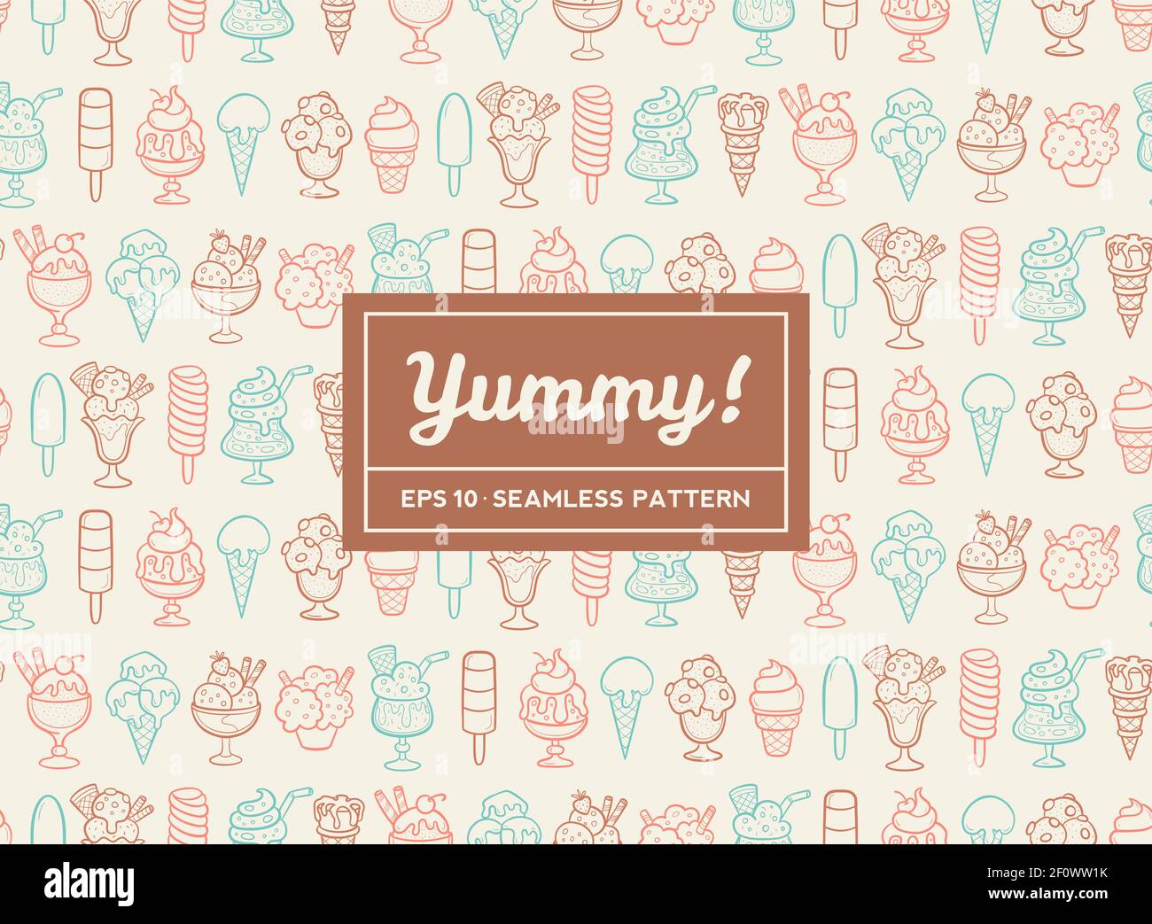 Hand drawn vector ice cream seamless pattern. Cones and ice creams with different flavours made in cartoon style. Stock Vector