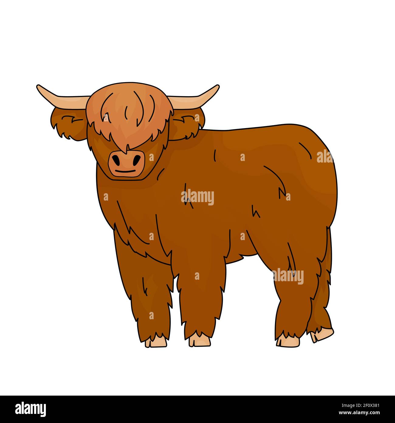Cute Cartoon vector outline doodle illustration of small Bull Scottish highland cow kid. Isolated Animal stands on the ground on white background. Fro Stock Vector