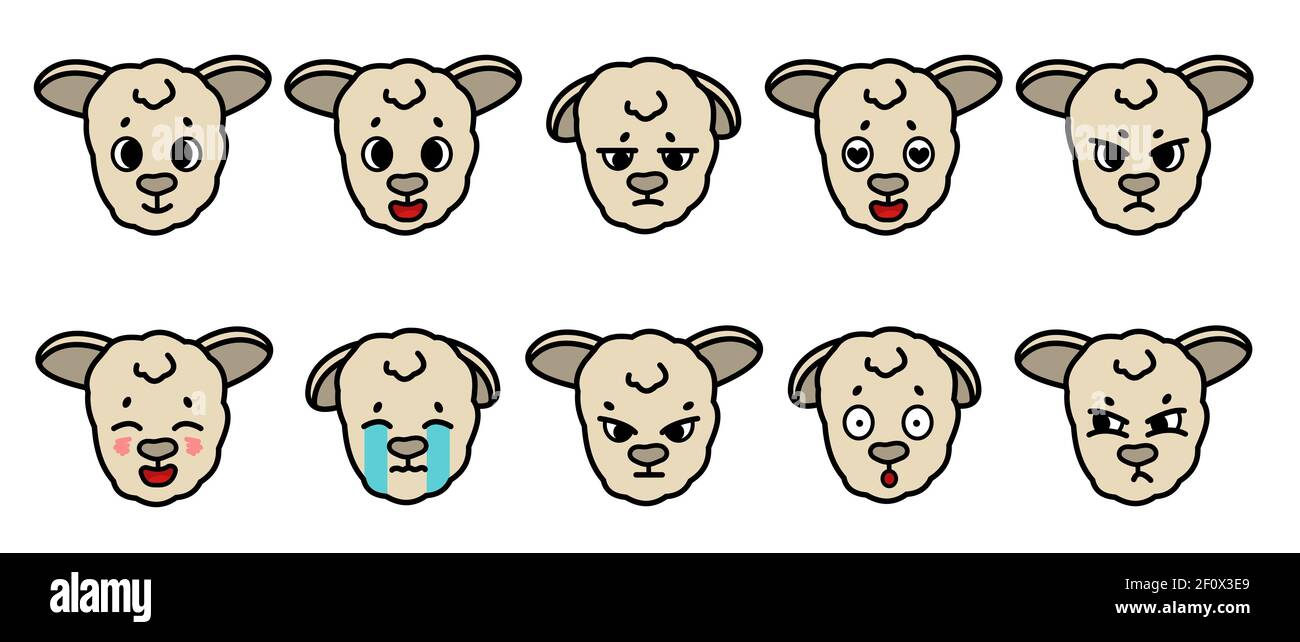 Set of vector farm isolated muzzle sheep animal with different emotion. Happy sad cry angry upset, in love, fascinated, confused furious Cute cartoon Stock Vector
