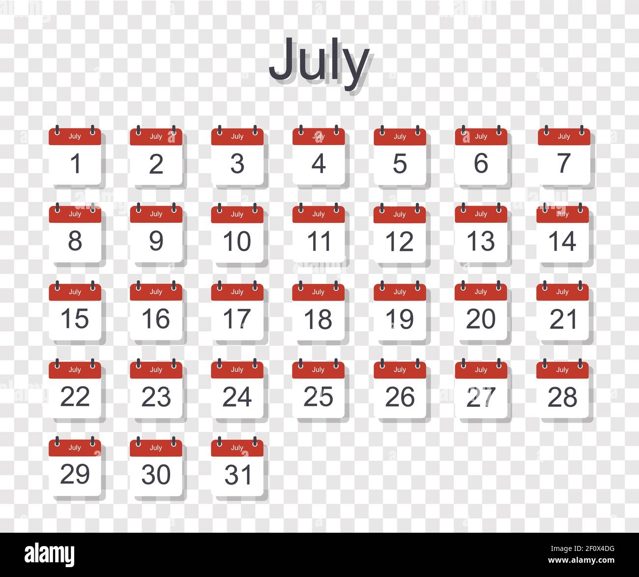 Monthly calendar template for July with daily date. On transparent ...