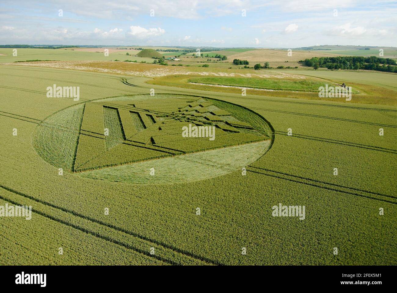 the crop circle at sidbury hill that seems to depict a long corridor fading into the distance. 2007 Stock Photo