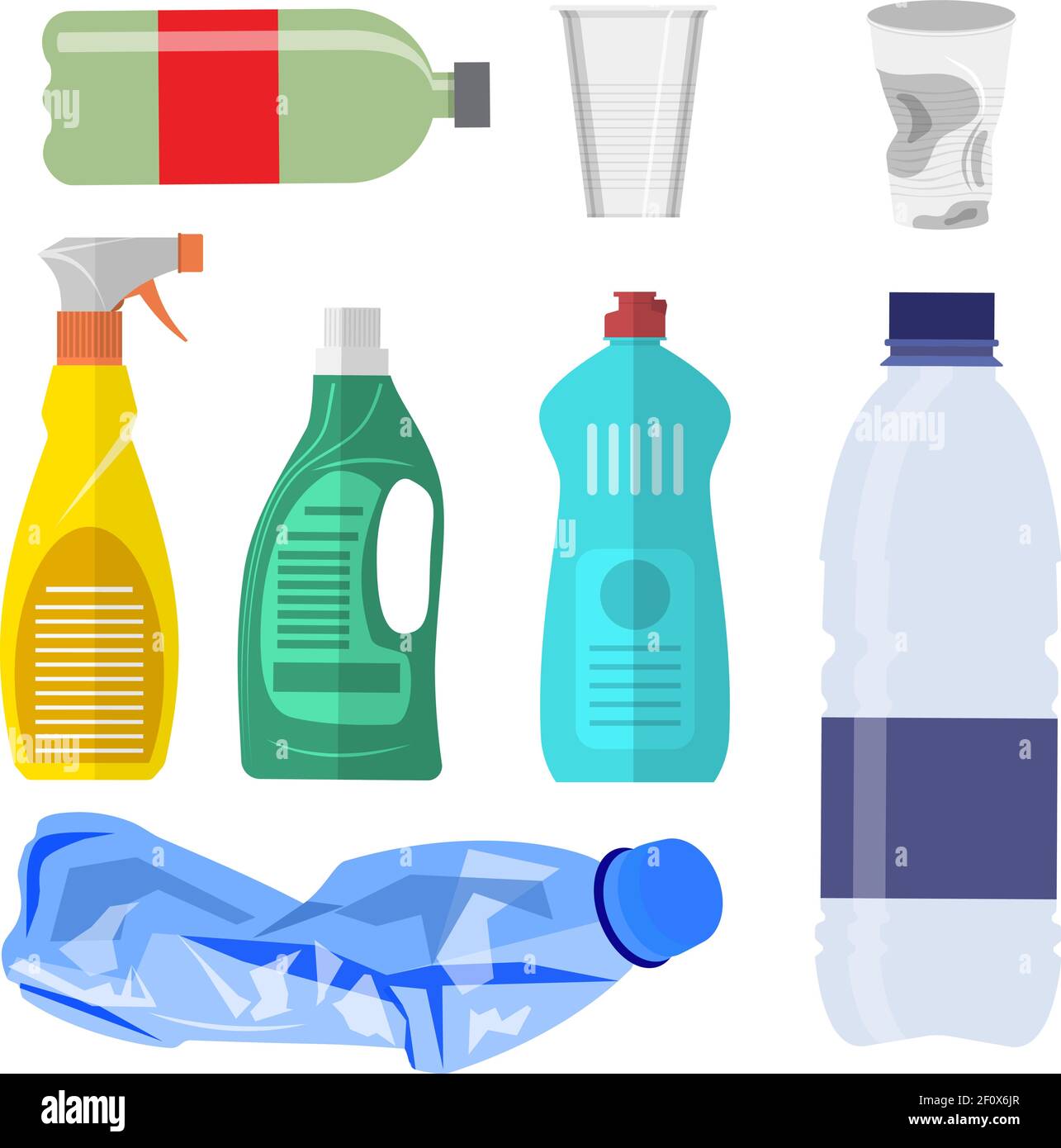 Plastic waste collection on white. Stock Vector