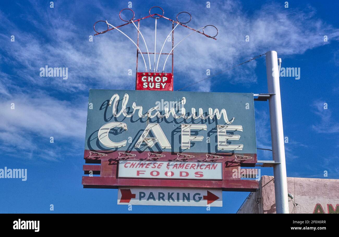 Uranium Cafe Chinese sign Route 66 Grants New Mexico ca. 1979 Stock Photo