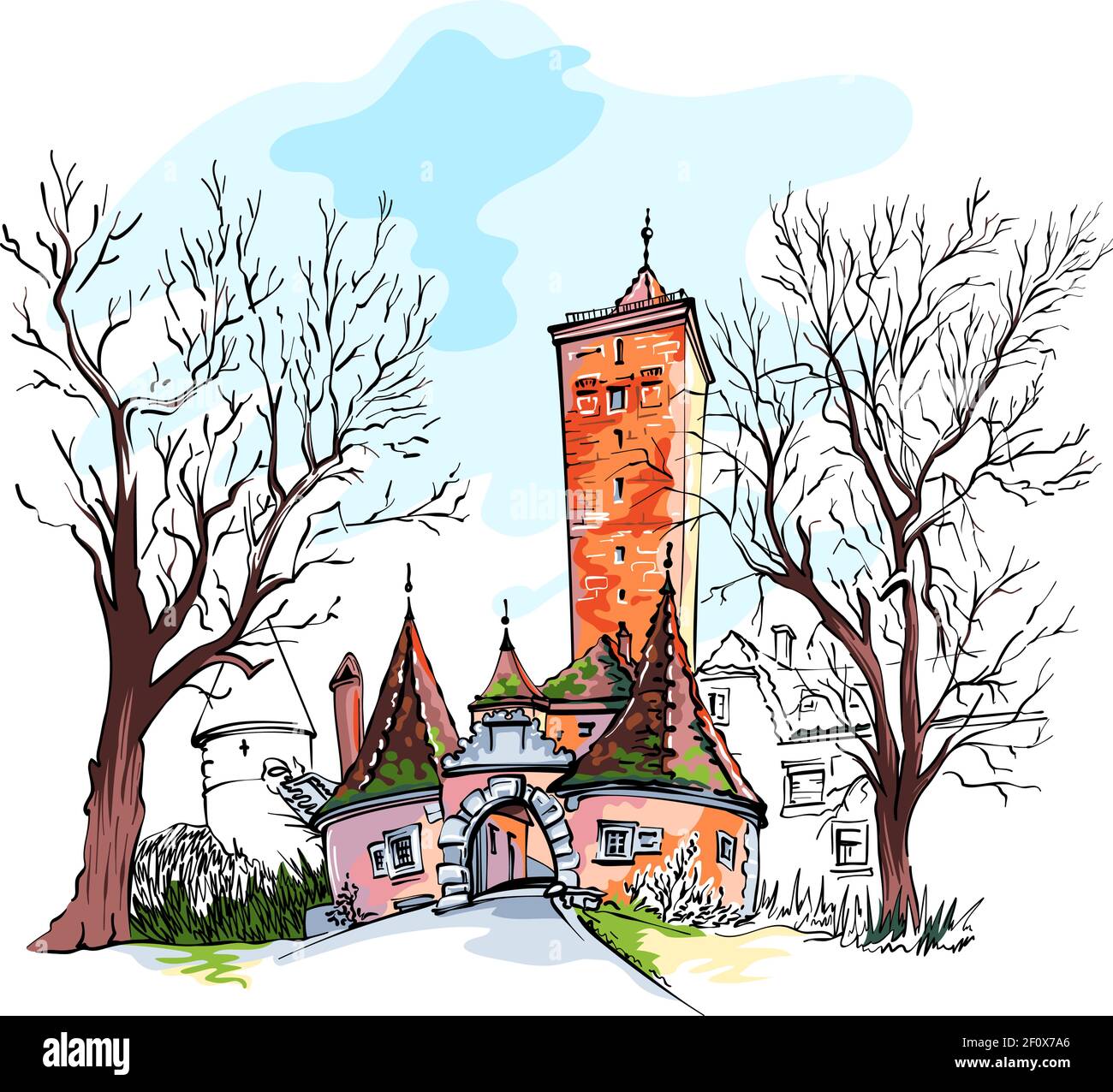 Vector color sketch of Western town gate and tower Burgturm and Stadttor in medieval Old Town of Rothenburg ob der Tauber, Bavaria Stock Vector