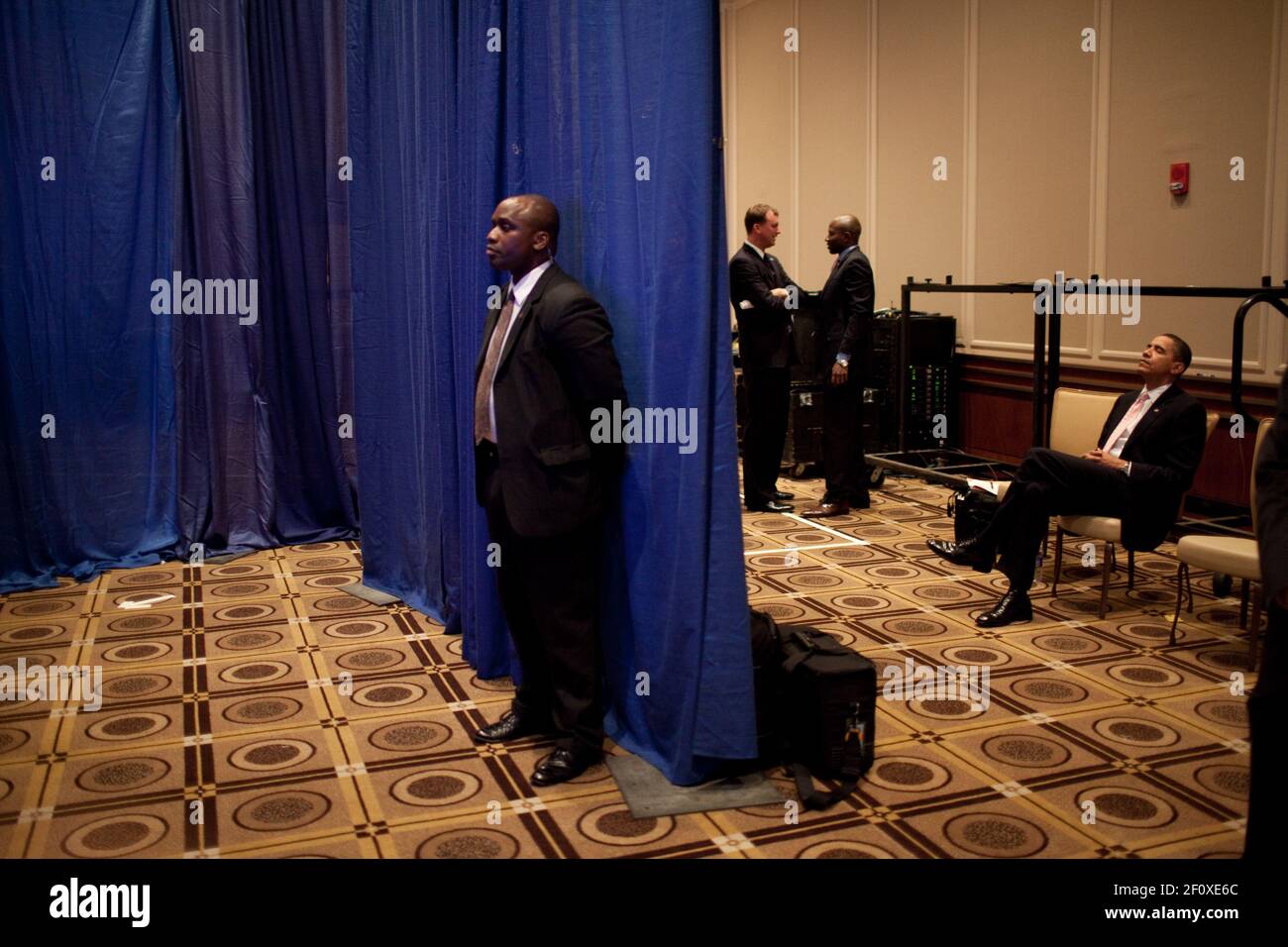 President Barack Obama waits backstage before delivering remarks at a reception for Governor Deval Patrick at the Westin Copley Hotel, Oct. 23, 2009 Stock Photo