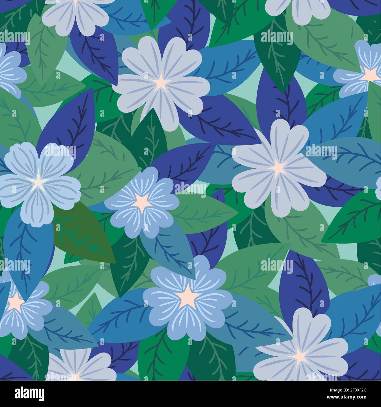 Seamless pattern with blue flowers and green leaves. Vector Stock Vector