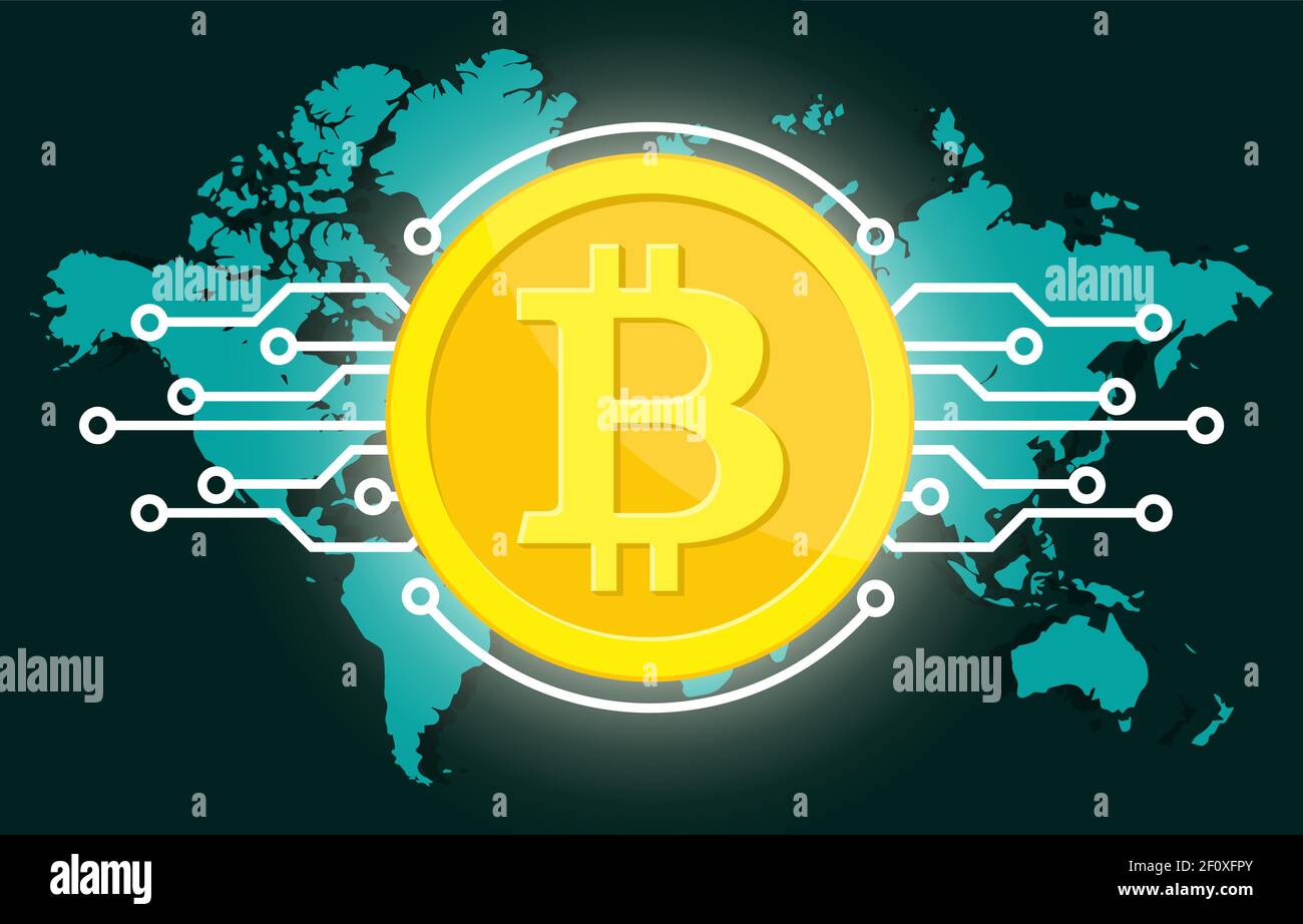 Golden bitcoin digital currency and world globe Stock Vector