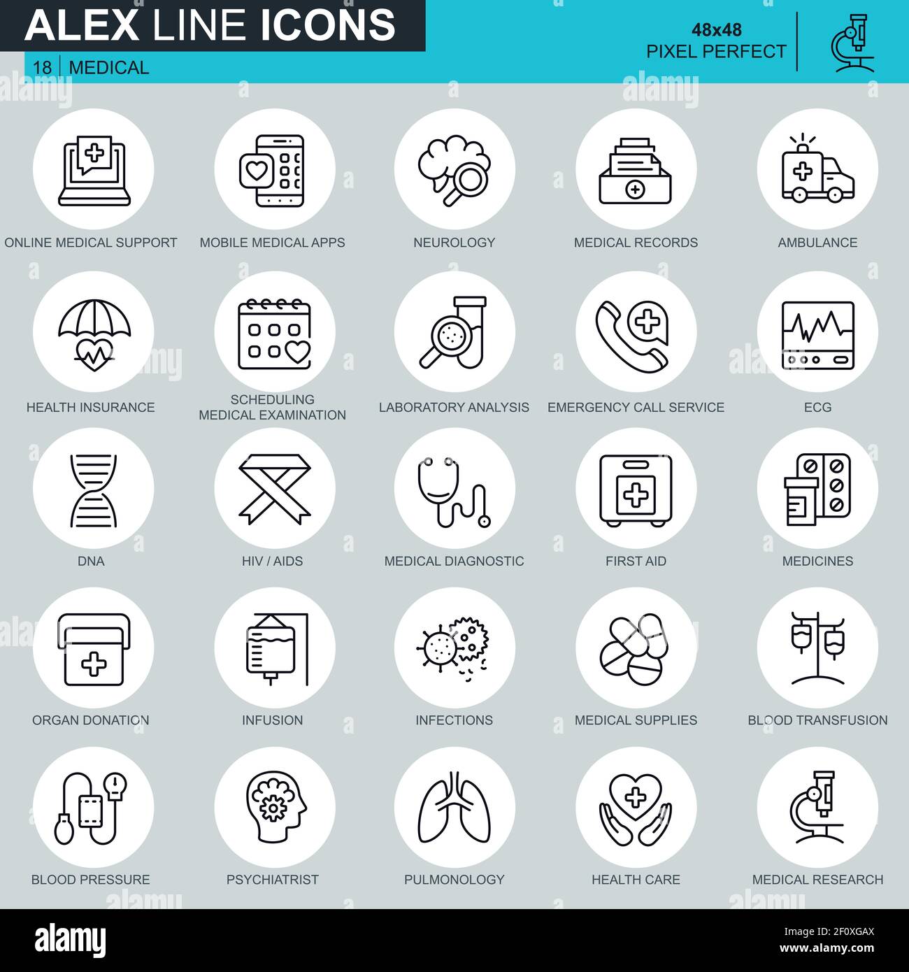 Thin line healthcare and medicine, medical equipment icons set for website and mobile site and apps. Contains such Icons as DNA, Ambulance. 48x48 Pixe Stock Vector