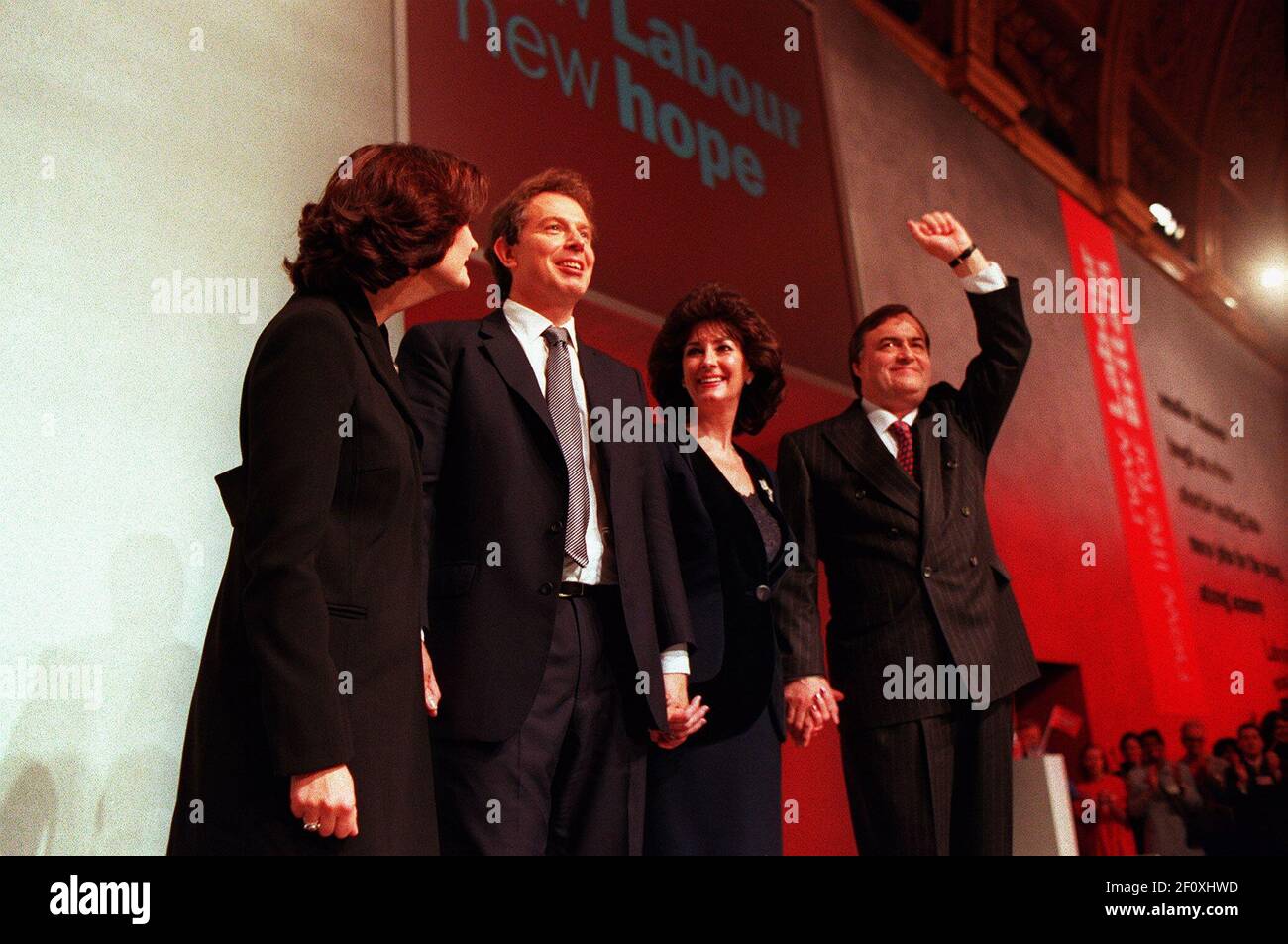 Labour Leader Tony Blair and wife Cherie with Deputy Leader John