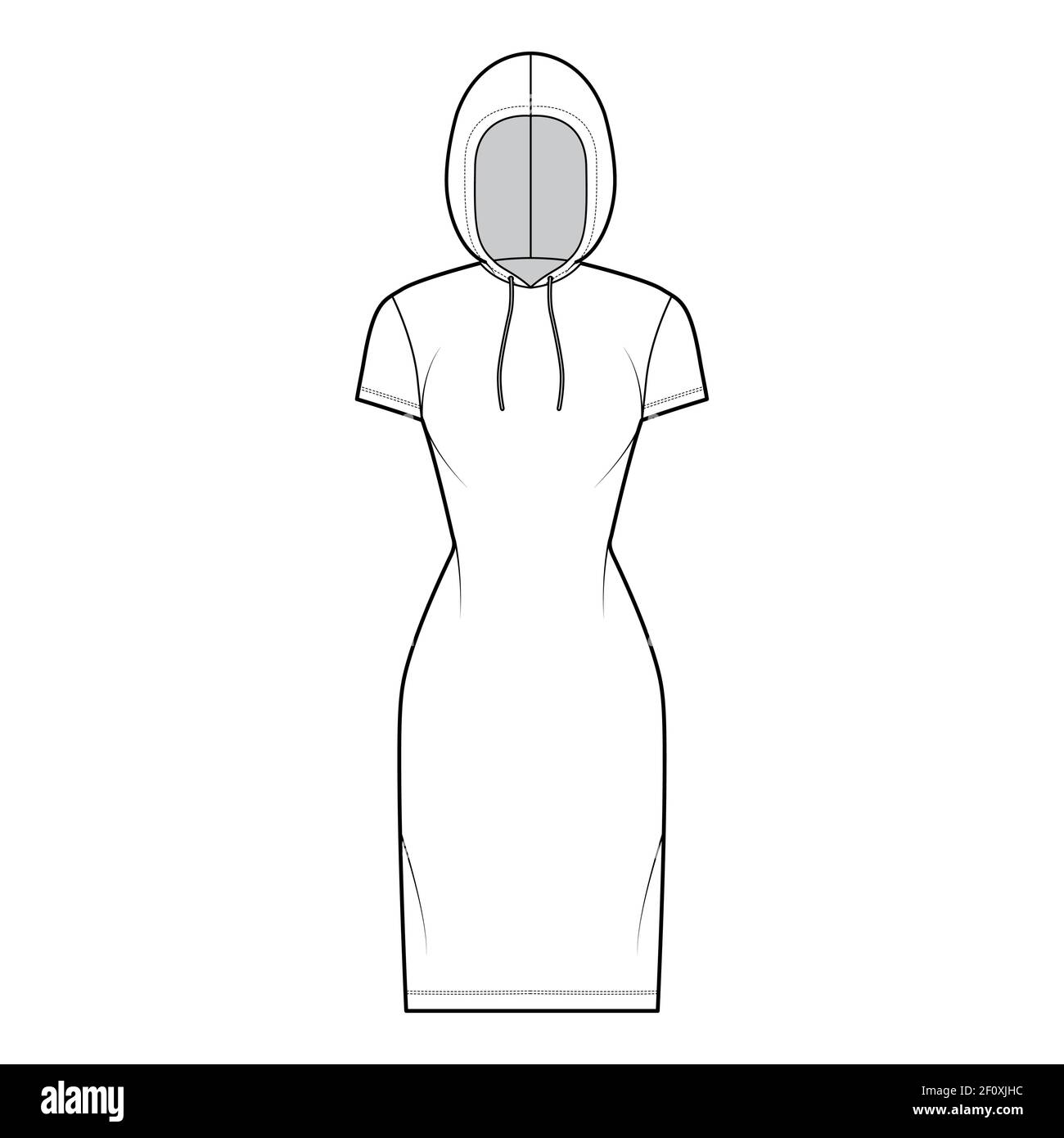 Hoody dress technical fashion illustration with short sleeves, knee length, fitted body, Pencil fullness. Flat apparel sweater template front, white color style. Women, men, unisex CAD mockup Stock Vector