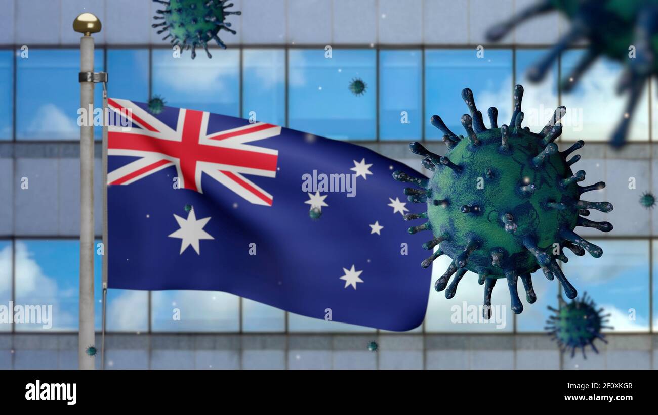 3D illustration Australian flag waving on modern skyscraper city with