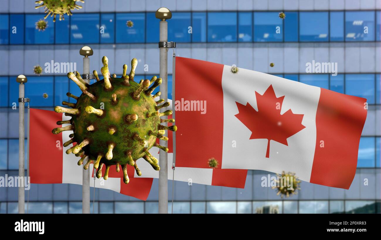 3D illustration Canadian flag waving on modern skyscraper city with ...