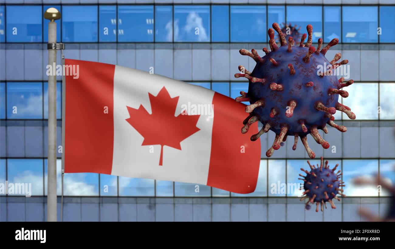3D illustration Canadian flag waving on modern skyscraper city with ...