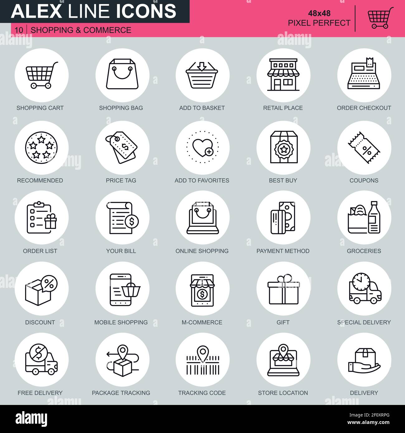 Thin line online shopping and e-commerce icons set for website and mobile site and apps. Contains such Icons as Basket, Delivery, Price Tag. 48x48 Pix Stock Vector