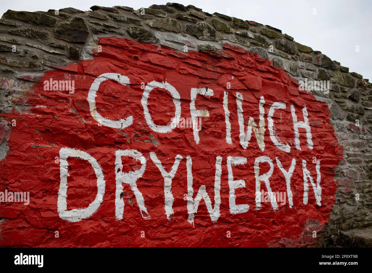 The 'Cofiwch Dryweryn' mural next to the A487 road near Llanrhystud on the 7th March 2021. Credit: Lewis Mitchell Stock Photo