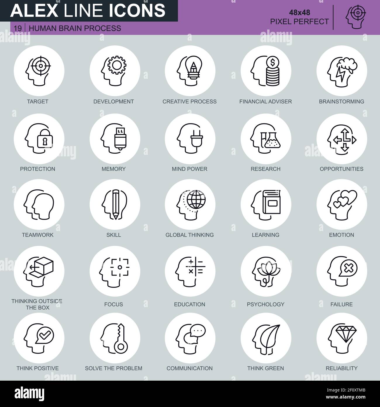 Thin line human brain process, features and emotions icons set for website and mobile site and apps. Contains such Icons as Target, Skill. 48x48 Pixel Stock Vector