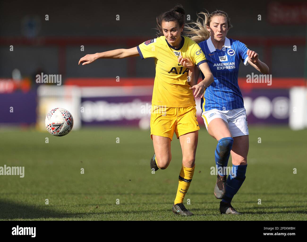 Crawley, UK. 7th March 2021.Rosella Ayane of Tottenham  is challenged by Megan Connolly of Brighton during the FA Women's Super League match between Brighton & Hove Albion Women and Tottenham Hotspur Women at The People's Pension Stadium on March 7th 2021 in Crawley, United Kingdom Stock Photo