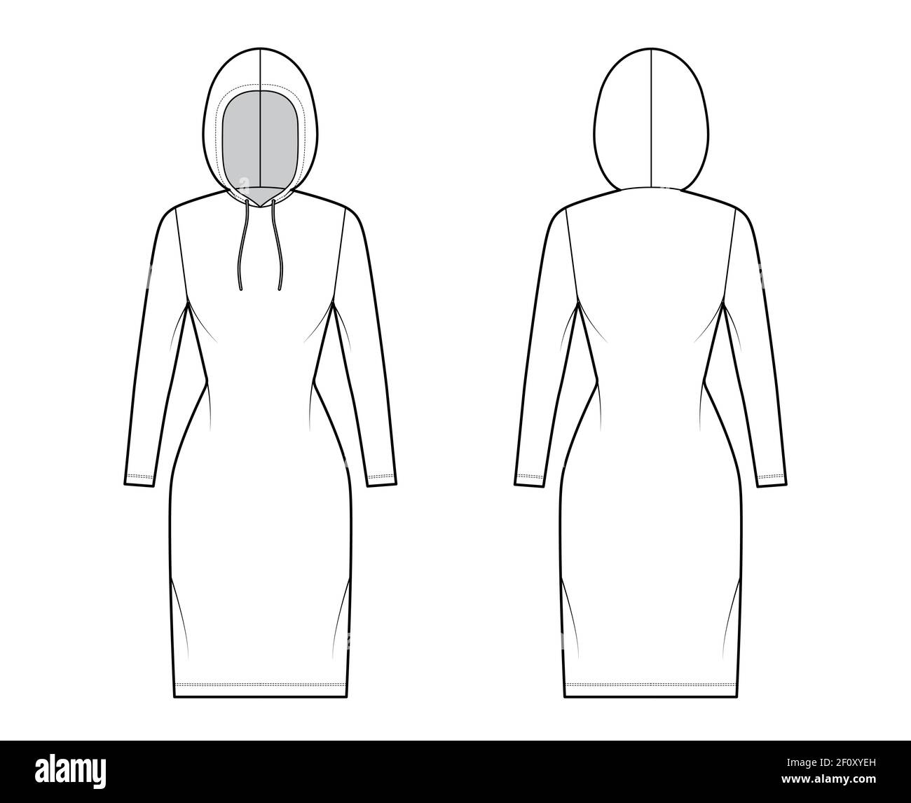 Hoody dress technical fashion illustration with long sleeves, knee length, fitted body, Pencil fullness. Flat apparel sweater template front, back, white color style. Women, men, unisex CAD mockup Stock Vector