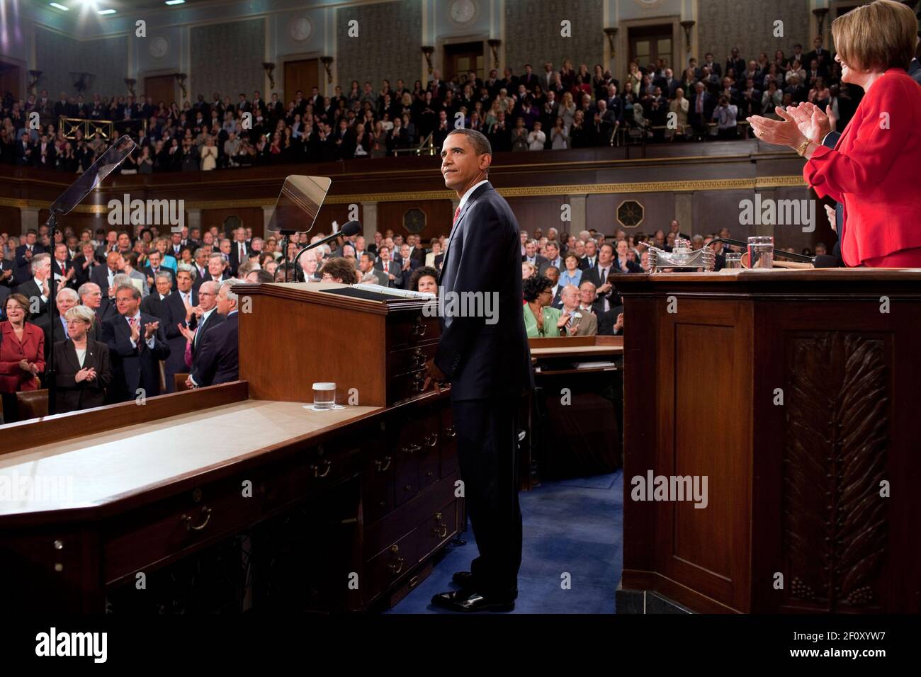 President Barack Obama looks towards the First Lady and guests seated in the gallery of the House Chamber at the U.S. Capitol in Washington, D.C., Sept. 9, 2009. Stock Photo
