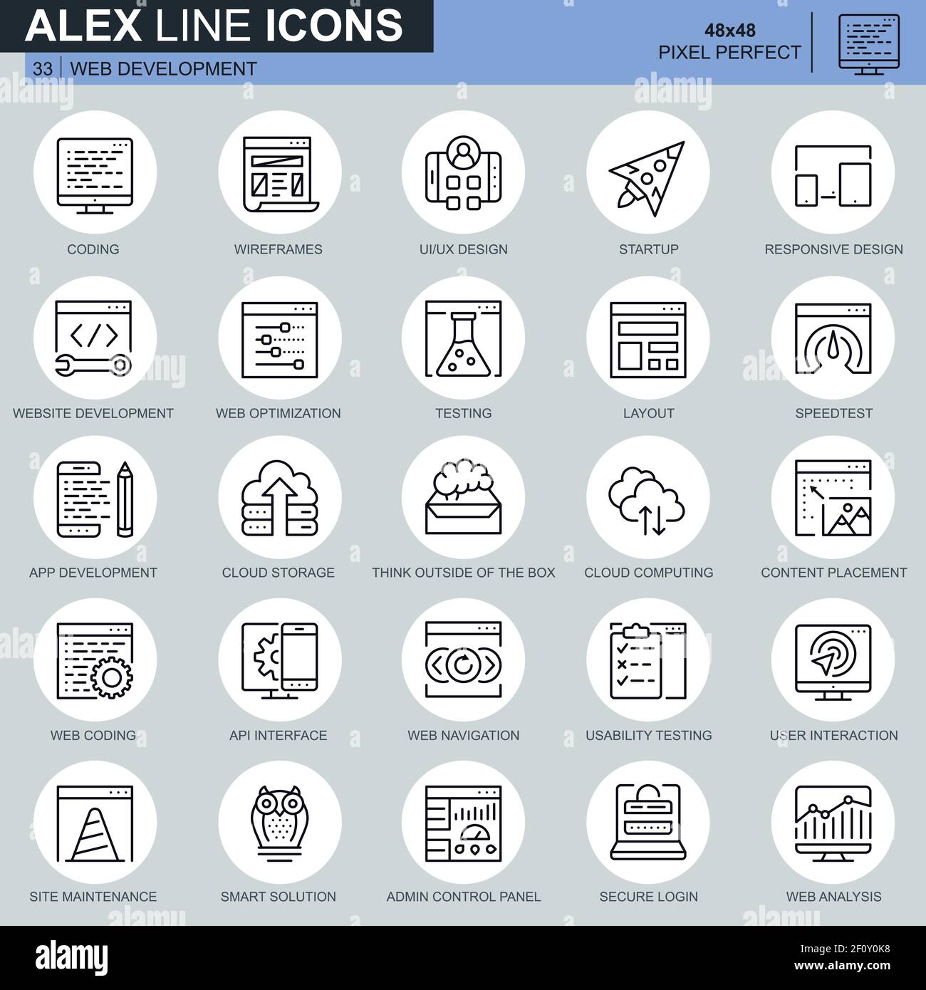 Thin line web design and development icons set for website and mobile site and apps. Contains such Icons as Coding, Mobile App, Usability. 48x48 Pixel Stock Vector