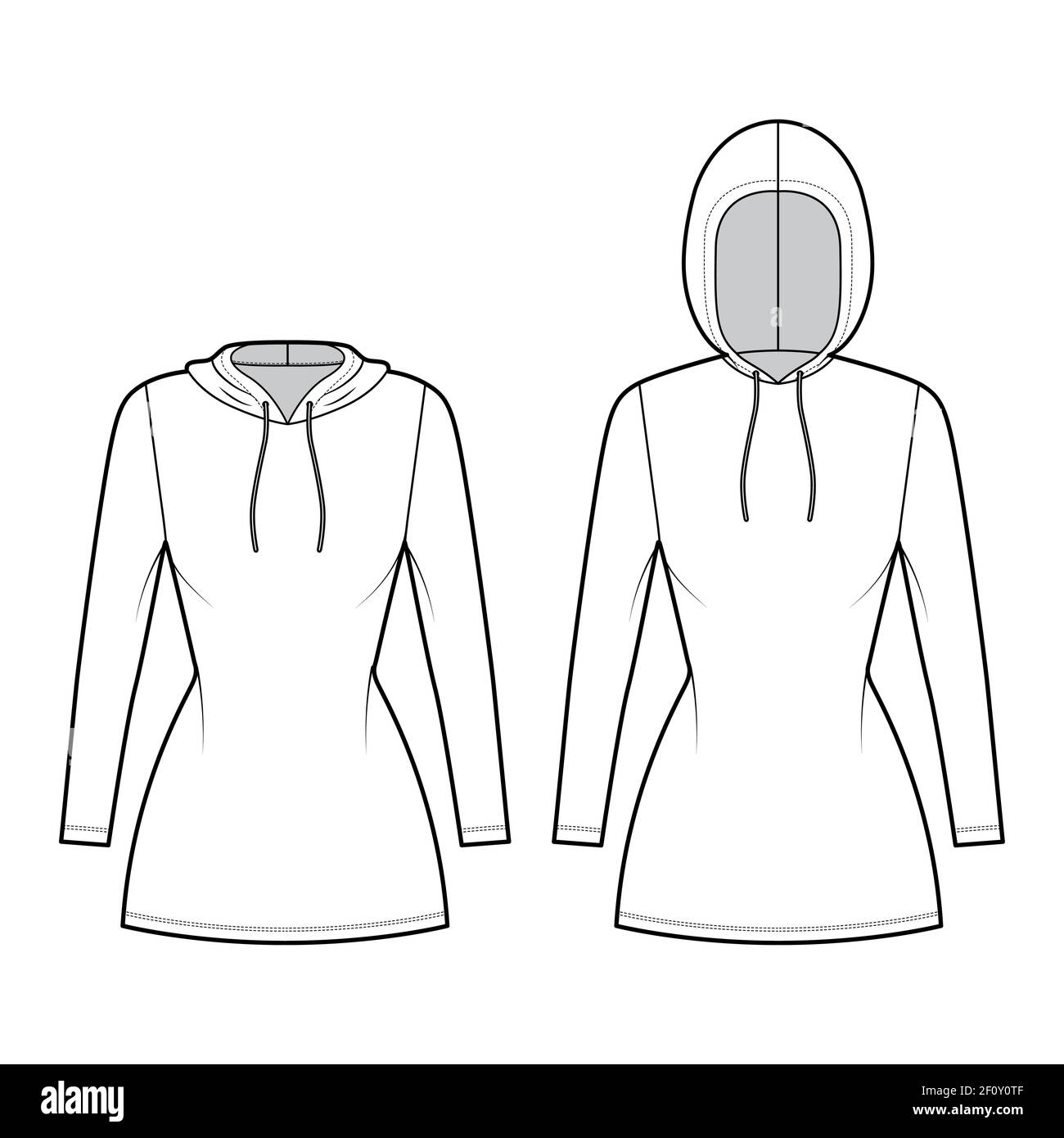 Set of Hoody dresses technical fashion illustration with long sleeves, mini length, fitted body, Pencil fullness. Flat sweater apparel template front, white color style. Women, men, unisex CAD mockup Stock Vector