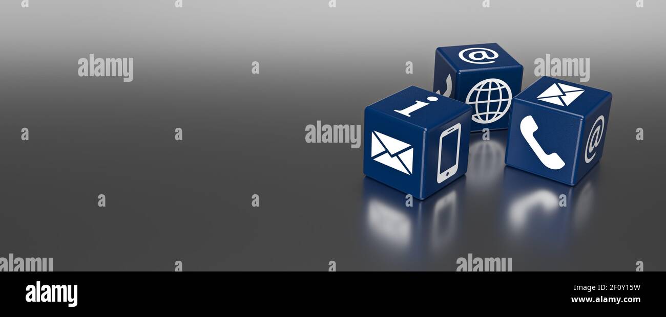 Three blue dice with phone internet and communication support icons 3D rendering Stock Photo