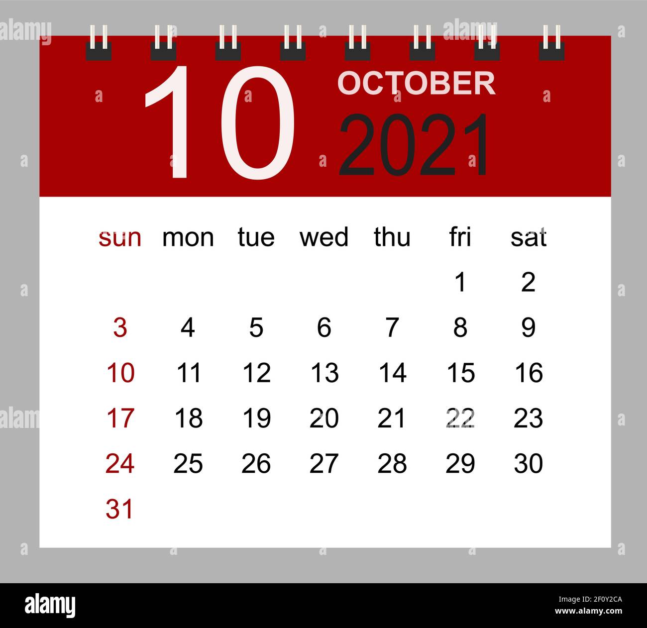 Simple desk calendar for October 2021. Week starts Sunday. Isolated vector illustration. Stock Vector