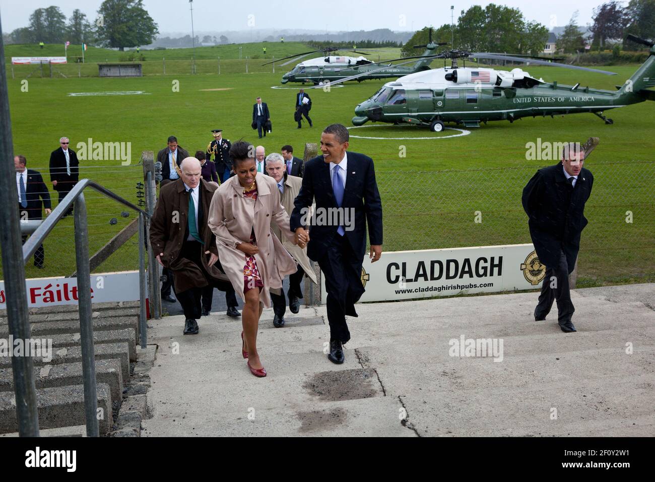 President Barack Obama and First Lady Michelle Obama arrive in Moneygall, Ireland, May 23, 2011 Stock Photo